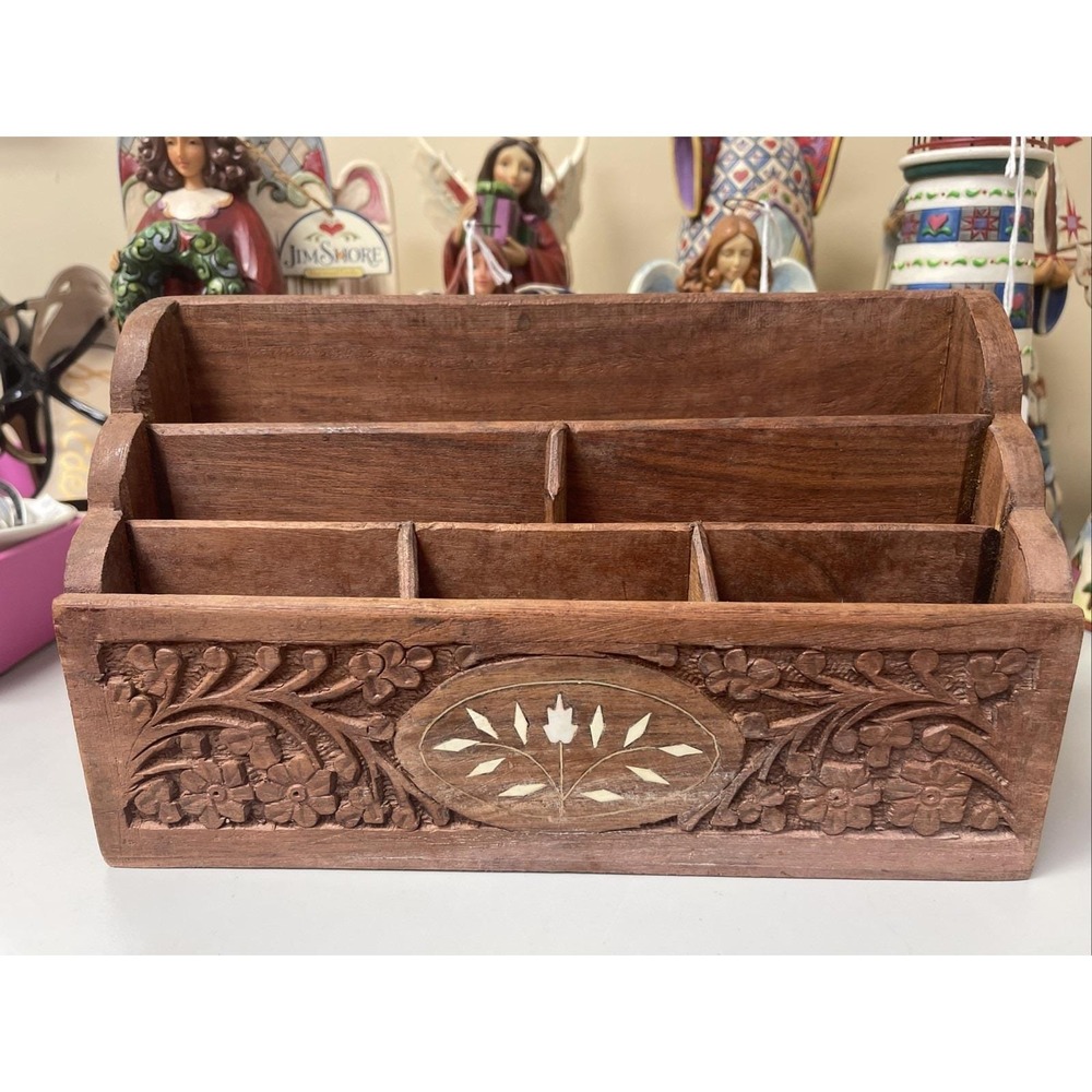 VTG Carved Inlay Wood Letter Organizer Hand Carved Floral Design Boho Rustic